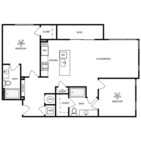 Floor plan for 2 beds, 2 baths, 1229 sqft