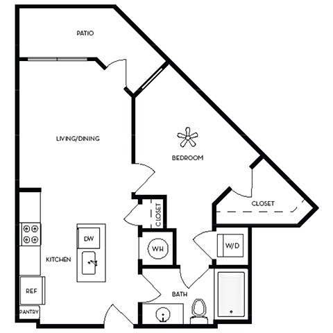 Floor plan for 1 bed, 1 bath, 727 sqft