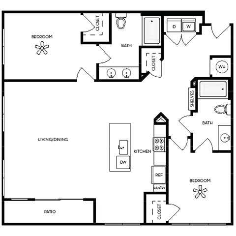 Floor plan for 1 bed, 1 bath, 799 sqft