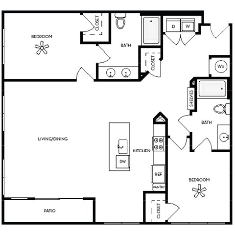 Floor plan for 2 beds, 2 baths, 1274 sqft