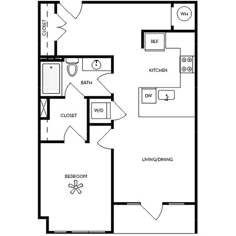 Floor plan for 1 bed, 1 bath, 798 sqft