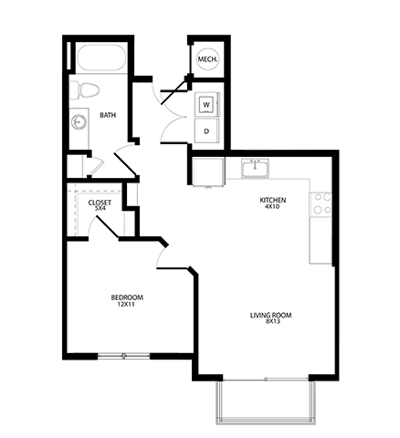 Floor plan for 1 bed, 1 bath, 673 sqft