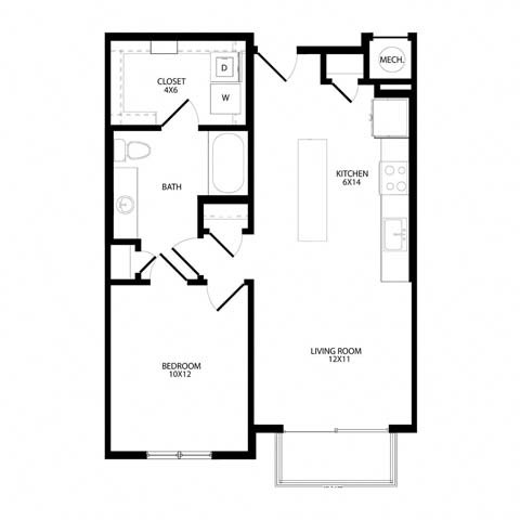 Floor plan for 1 bed, 1 bath, 722 sqft