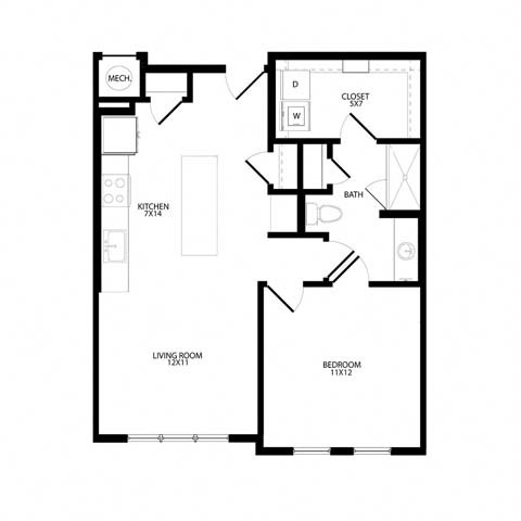 Floor plan for 1 bed, 1 bath, 776 sqft
