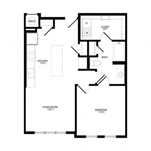 Floor plan for 1 bed, 1 bath, 776 sqft