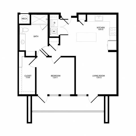 Floor plan for 1 bed, 1 bath, 817 sqft