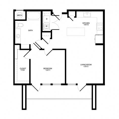 Floor plan for 1 bed, 1 bath, 817 sqft