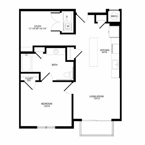 Floor plan for 1 bed, 1 bath, 849 sqft