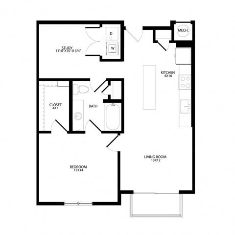 Floor plan for 1 bed, 1 bath, 849 sqft