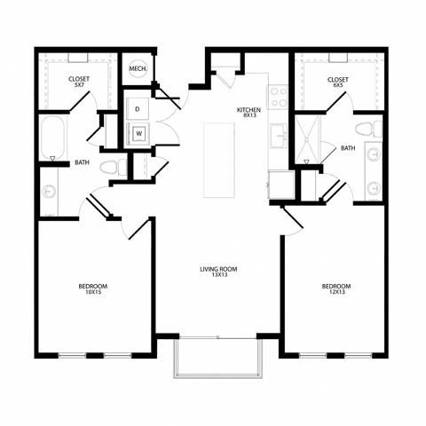 Floor plan for 2 beds, 2 baths, 1127 sqft