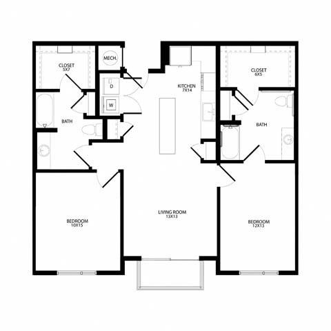 Floor plan for 2 beds, 2 baths, 1127 sqft