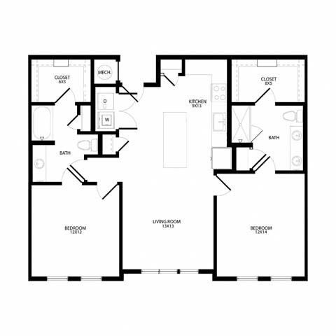 Floor plan for 2 beds, 2 baths, 1166 sqft