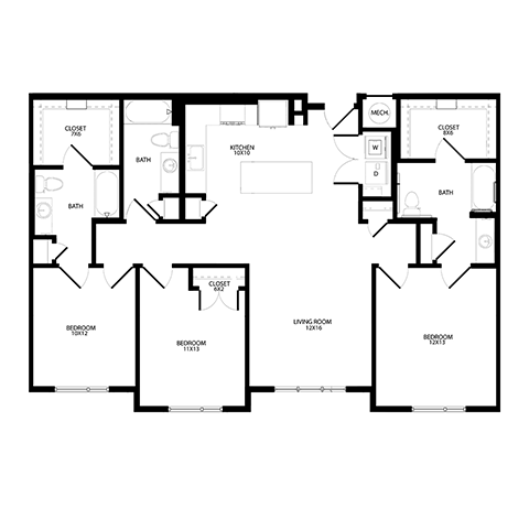 Floor plan for 3 beds, 3 baths, 1450 sqft