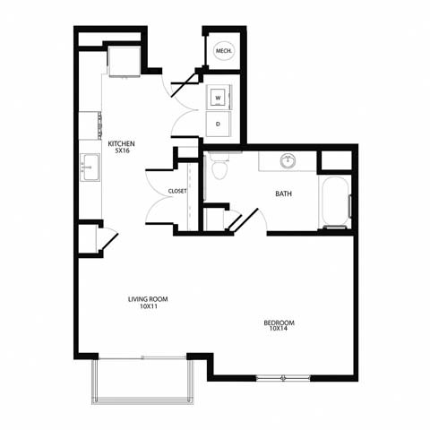 Floor plan for studio, 1 bath, 673 sqft
