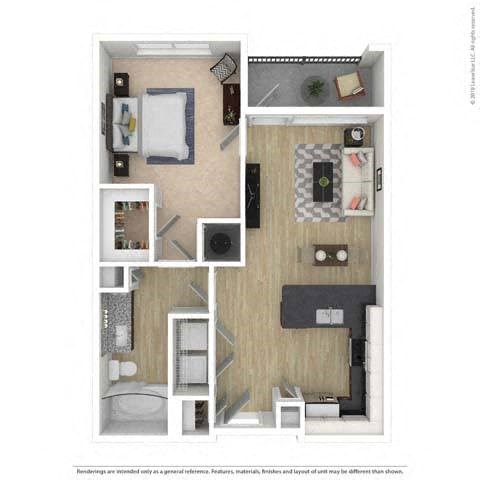 Floor plan for 1 bed, 1 bath, 667 sqft