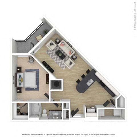 Floor plan for 1 bed, 1 bath, 764 sqft