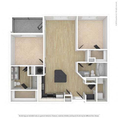 Floor plan for 2 beds, 2 baths, 1073 sqft