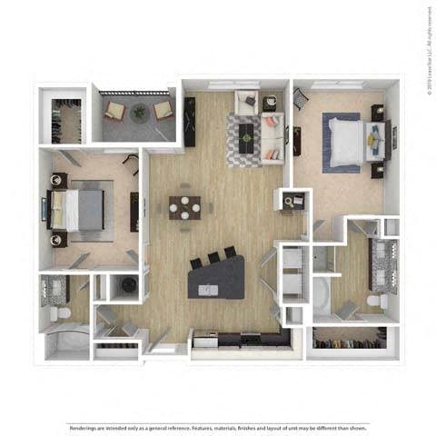 Floor plan for 2 beds, 2 baths, 1215 sqft