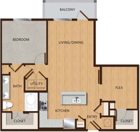 Floor plan for 1 bed, 1 bath, 967 sqft