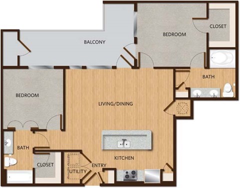 Floor plan for 2 beds, 2 baths, 1108 sqft