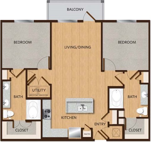 Floor plan for 2 beds, 2 baths, 1110 sqft