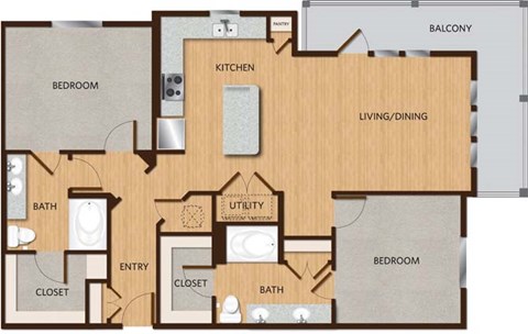 Floor plan for 2 beds, 2 baths, 1309 sqft