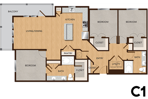 Floor plan for 3 beds, 2 baths, 1430 sqft