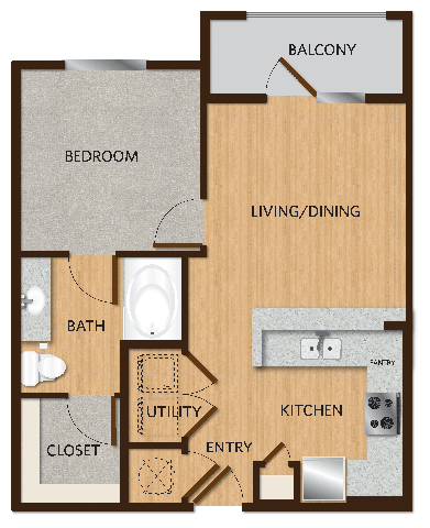 Floor plan for 1 bed, 1 bath, 624 sqft