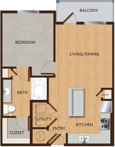 Floor plan for 1 bed, 1 bath, 705 sqft