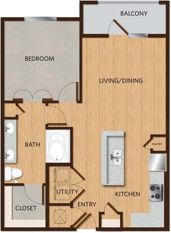 Floor plan for 1 bed, 1 bath, 778 sqft