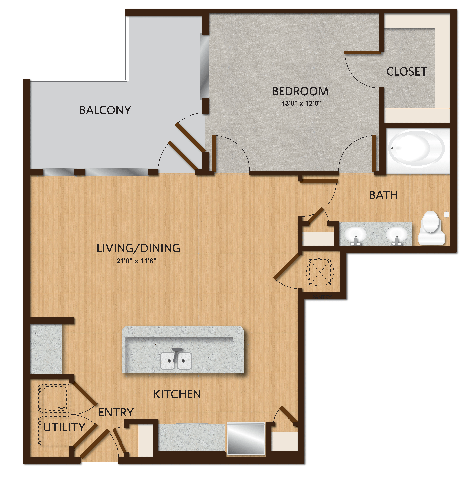 Floor plan for 1 bed, 1 bath, 835 sqft