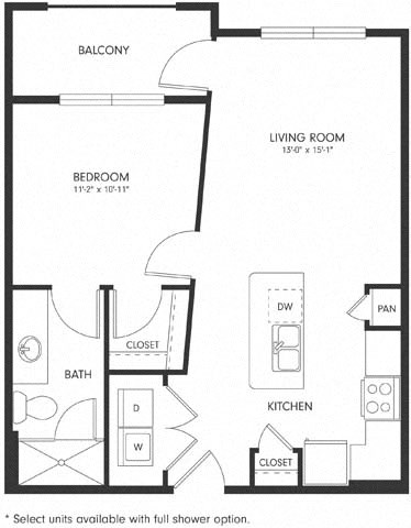 Floor plan for 1 bed, 1 bath, 612 sqft