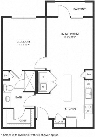 Floor plan for 1 bed, 1 bath, 687 sqft