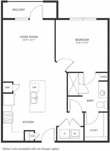 Floor plan for 1 bed, 1 bath, 717 sqft