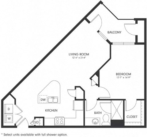 Floor plan for 1 bed, 1 bath, 778 sqft