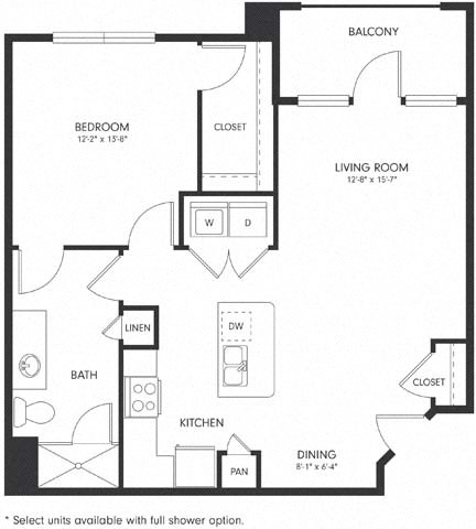 Floor plan for 1 bed, 1 bath, 792 sqft