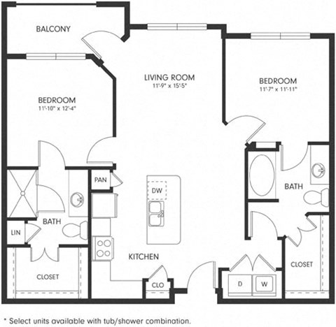 Floor plan for 2 beds, 2 baths, 1007 sqft