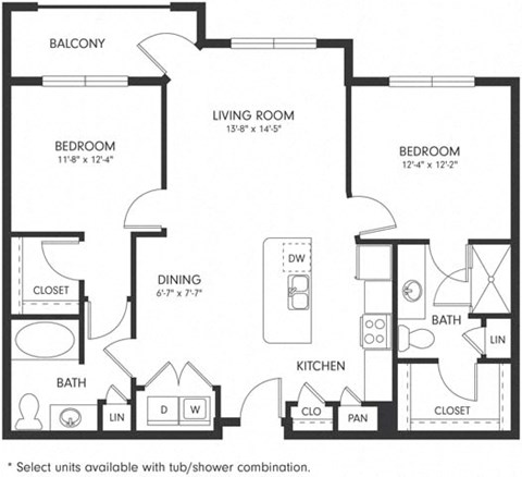 Floor plan for 2 beds, 2 baths, 1037 sqft