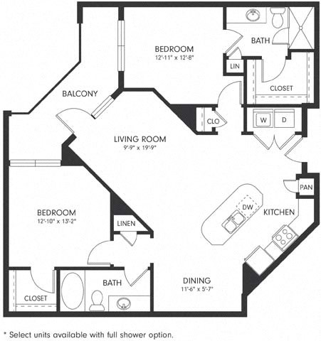 Floor plan for 2 beds, 2 baths, 1141 sqft