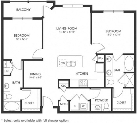 Floor plan for 2 beds, 2.5 baths, 1200 sqft