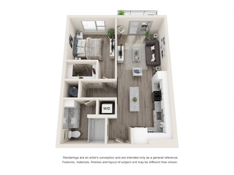Floor plan for 1 bed, 1 bath, 667 sqft