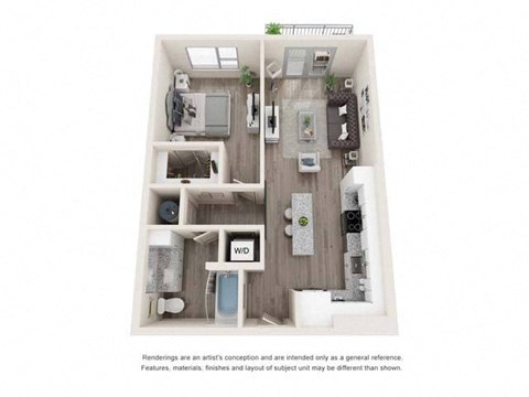 Floor plan for 1 bed, 1 bath, 690 sqft