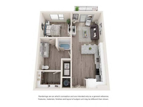 Floor plan for 1 bed, 1 bath, 750 sqft