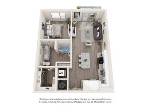 Floor plan for 1 bed, 1 bath, 750 sqft