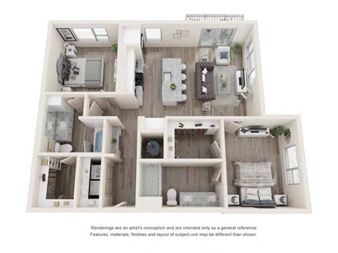 Floor plan for 2 beds, 2 baths, 1097 sqft