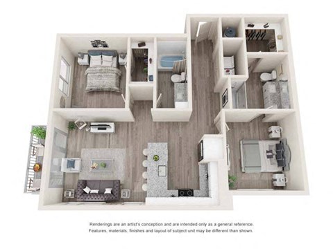 Floor plan for 2 beds, 2 baths, 1070 sqft
