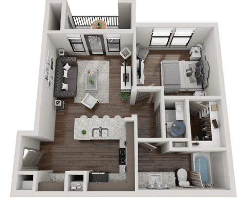 Floor plan for 1 bed, 1 bath, 661 sqft