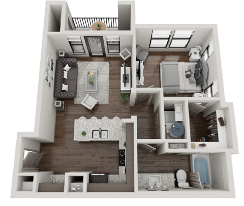 Floor plan for 1 bed, 1 bath, 668 sqft
