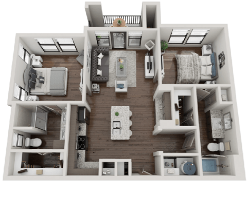 Floor plan for 2 beds, 2 baths, 967 sqft