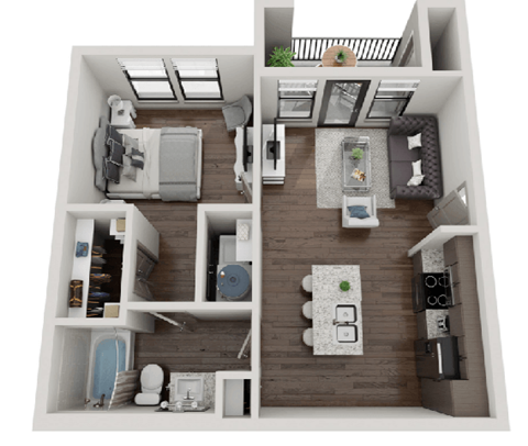 Floor plan for studio, 1 bath, 597 sqft